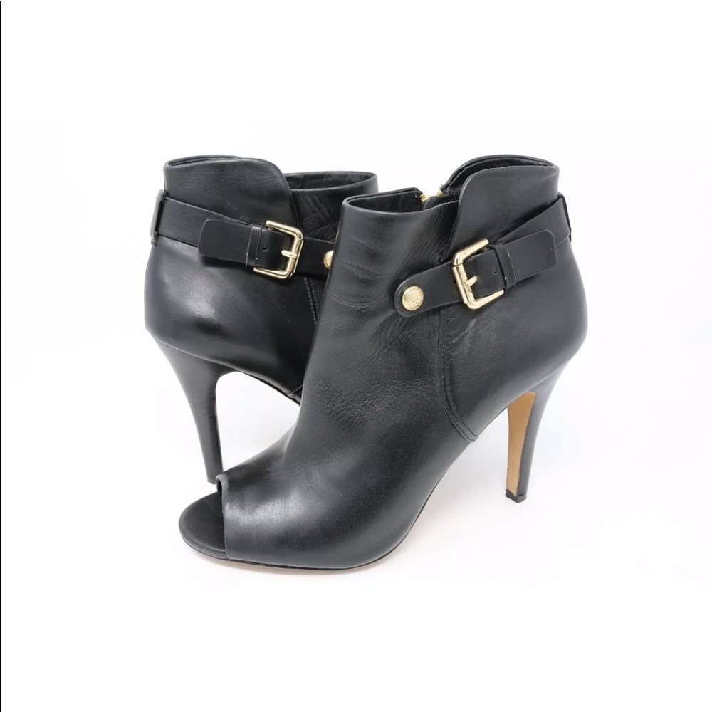 Vince Camuto Black Heeled Boots with Gold Buckle